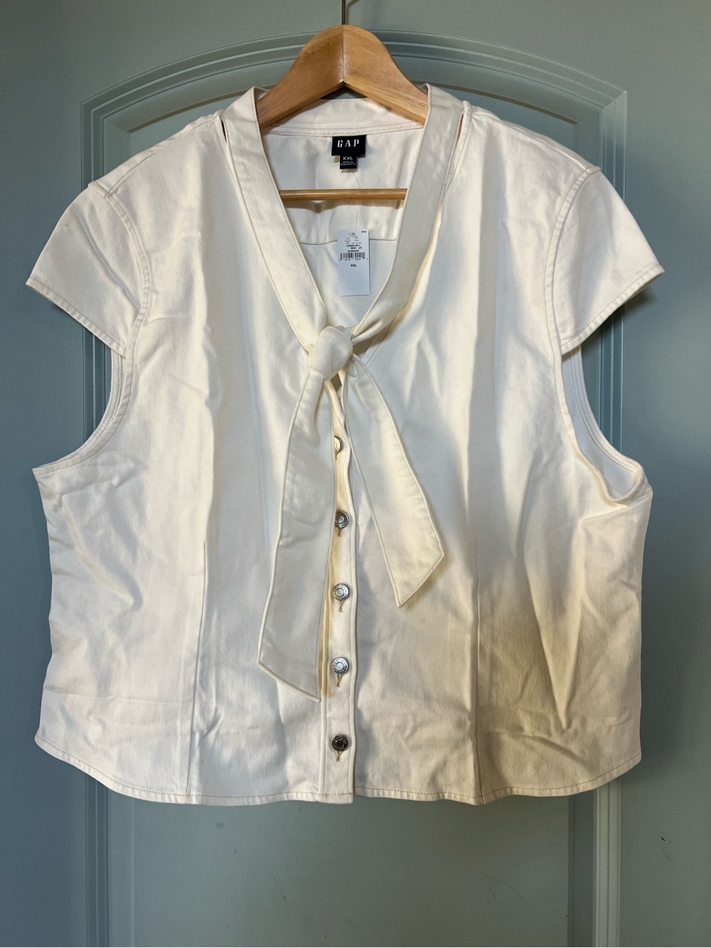 GAP Cream Tie-Neck Cap Sleeve Button Front Denim Blouse XXL NWT